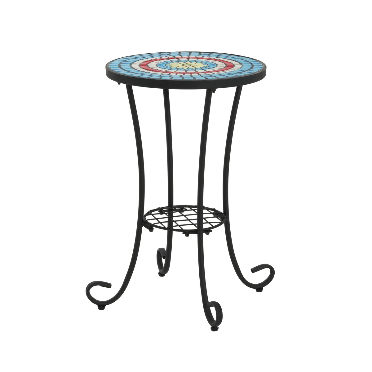 Patio Side Table with Shelf, Ceramic Top - Blue and Black