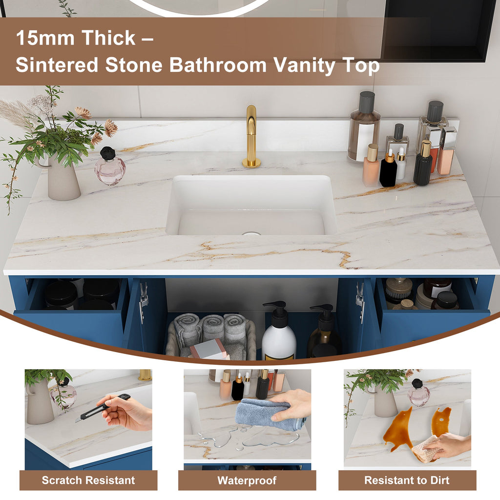 42" Modern Solid Wood Bathroom Vanity with Carrara Sink - Blue or White