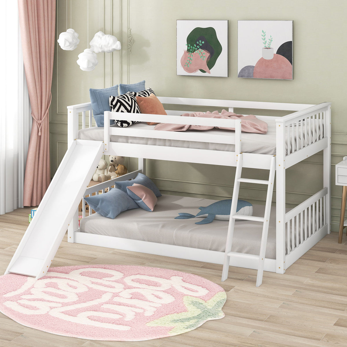 Bunk Bed with Convertible Slide and Ladder - White or Dark Gray