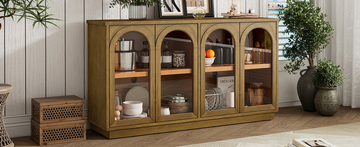 Large Storage Buffet Cabinet with Glass Doors - 4-Door Server, MDF & Pine Wood