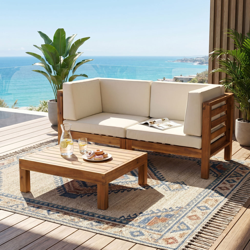 Oana 3 Piece Loveseat Set with Coffee Table - Acacia Wood Outdoor Seating
