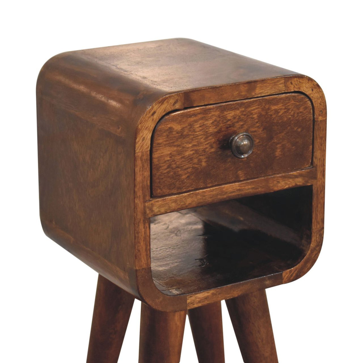 Solid Wood Extra Mini Nightstand with Curved Lower Shelf - Chestnut