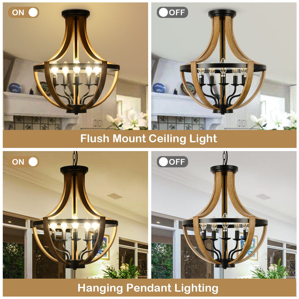 5-Light Modern Chandelier with Geometric Wooden Frame - Brown