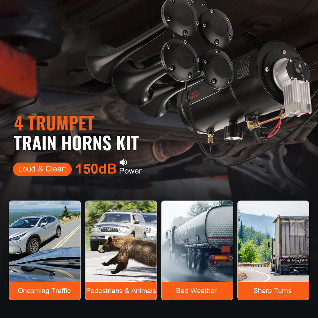 Train Horns Kit, 4 Trumpet Air Horn Kit, 150dB