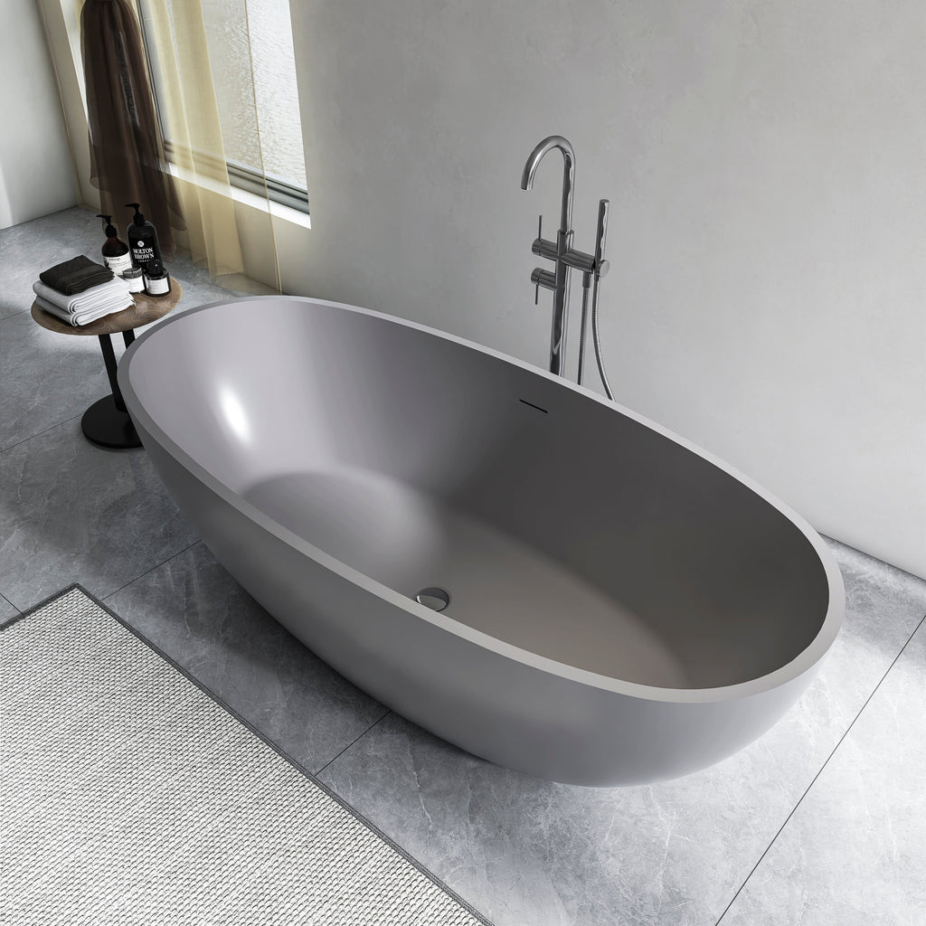 65.2 Inch Freestanding Solid Surface Soaking Bathtub with Spacious Interior - Dark Grey