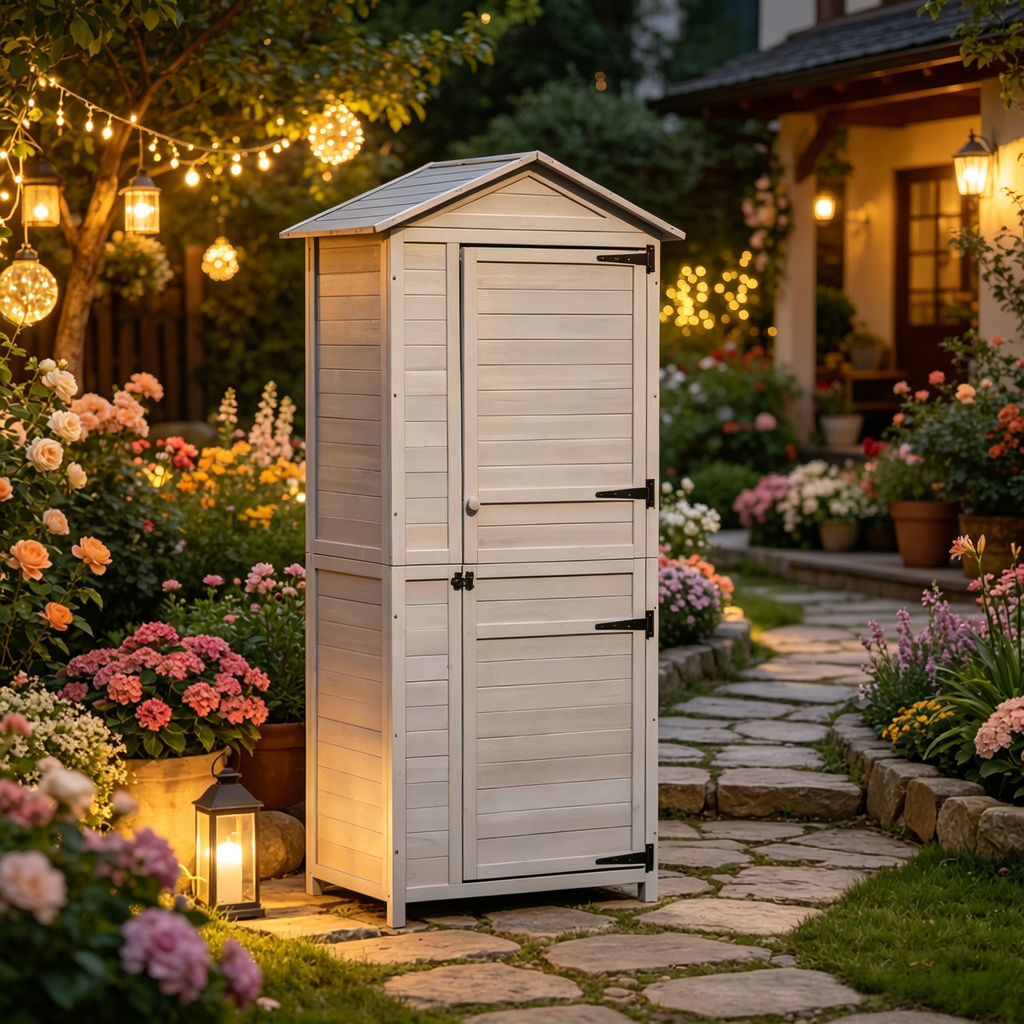 Outdoor Storage Shed with Tilted Tin Roof - Light Grey Fir Wood