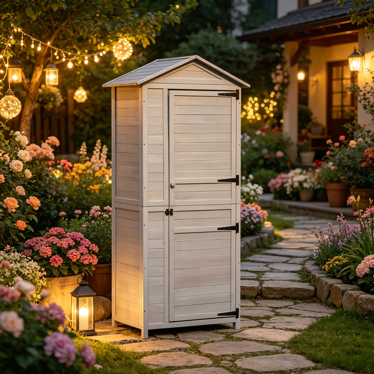 Outdoor Storage Shed with Tilted Tin Roof - Light Grey Fir Wood