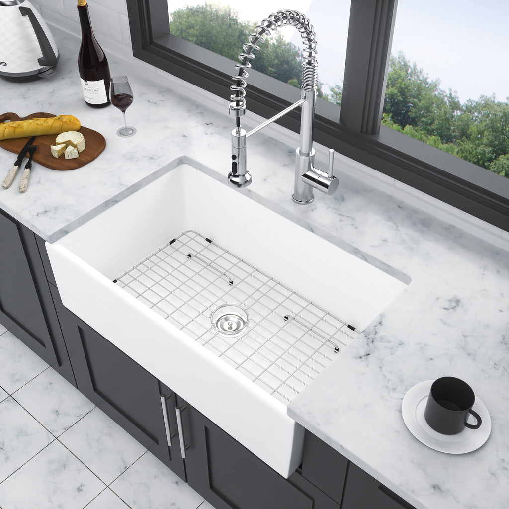 Ceramic Farmhouse Sink with Deep Basin and Stainless Steel Grid - White