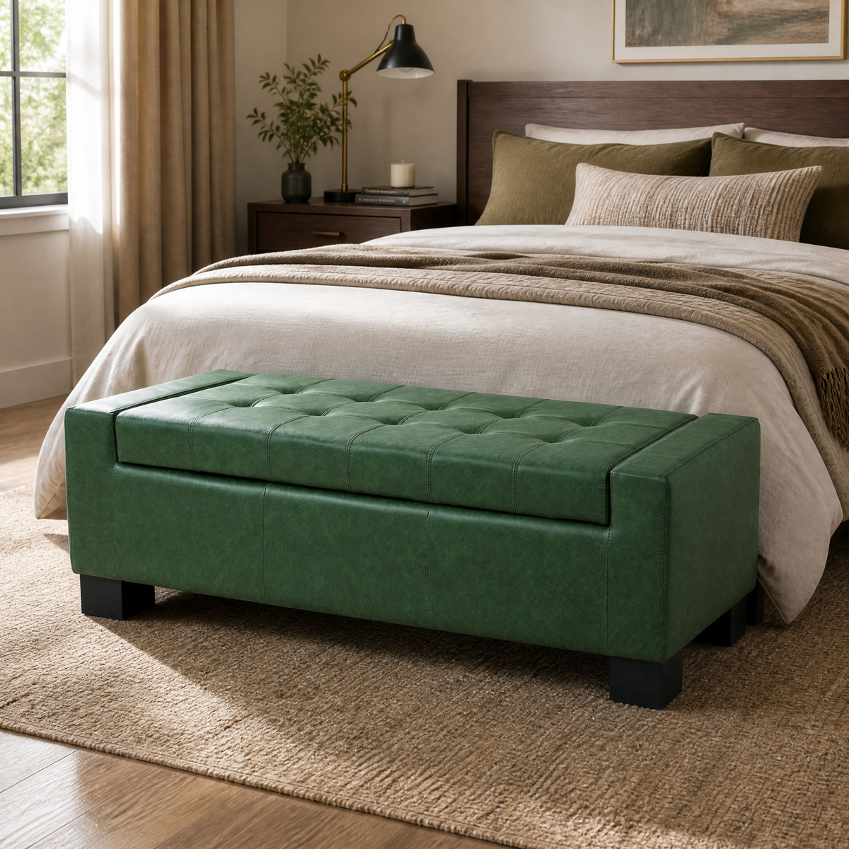 Green Storage Ottoman Bench with Solid Wood Legs - Green