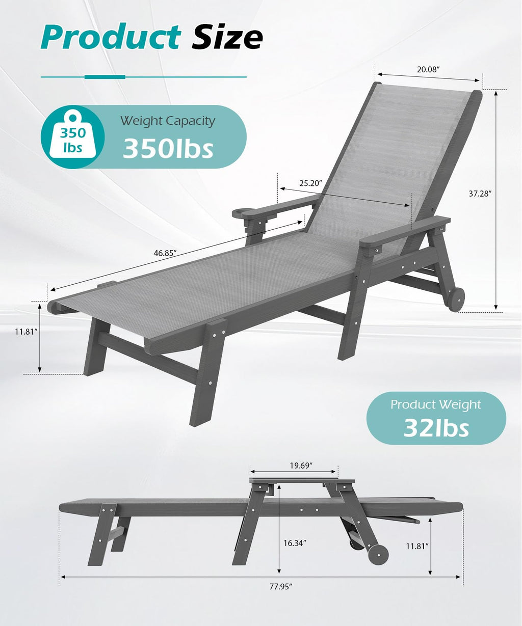 Outdoor Pool Lounge Chairs Set of 2 with Adjustable Backrest - Navy Blue or Grey