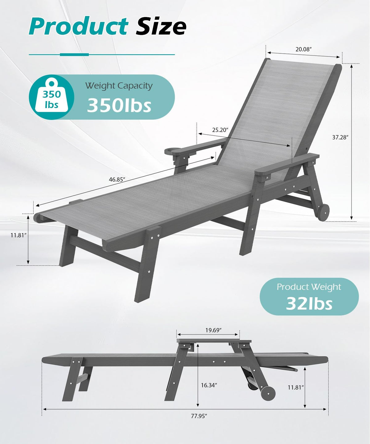 Outdoor Pool Lounge Chairs Set of 2 with Adjustable Backrest - Navy Blue or Grey