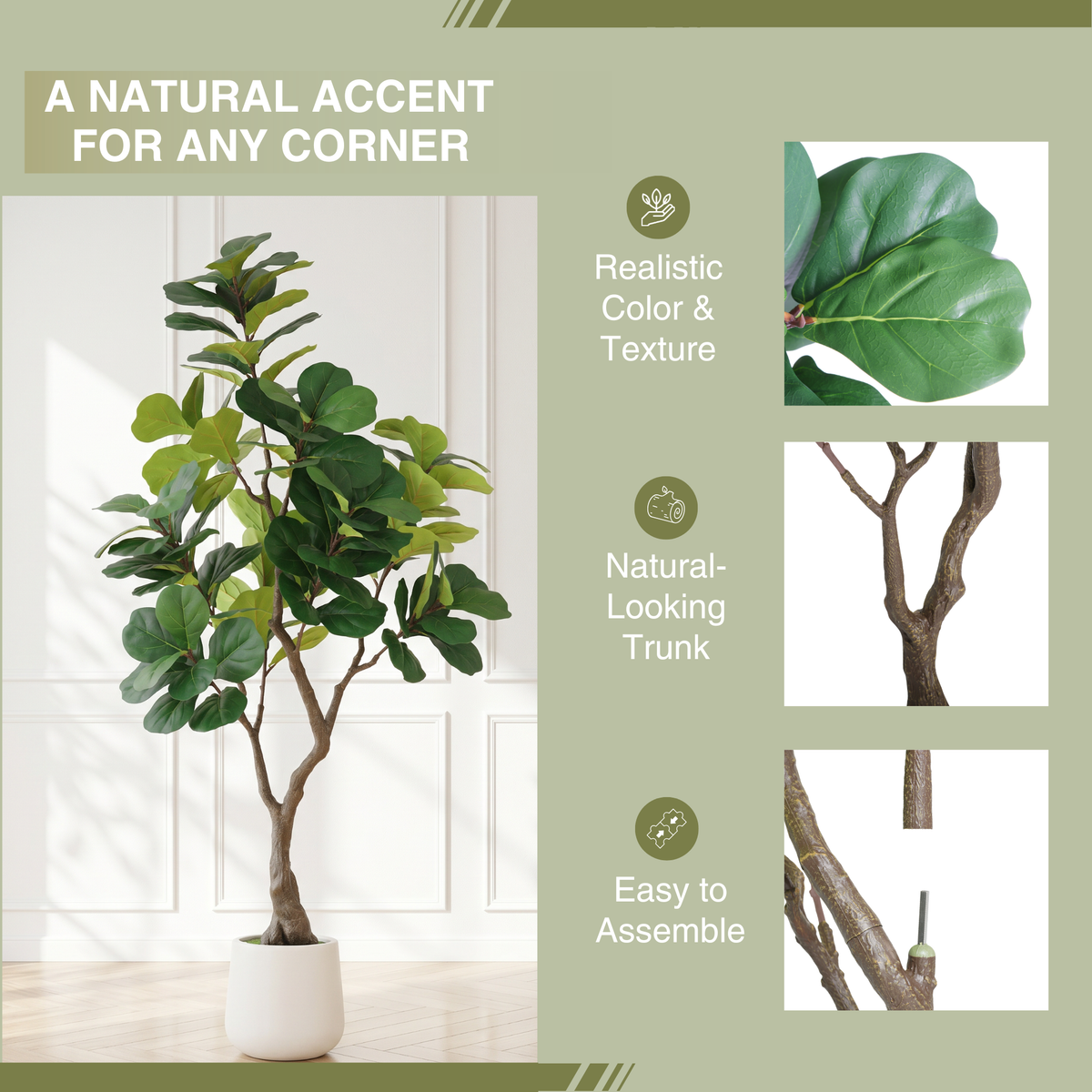 6FT Artificial Fiddle Leaf Fig Tree with White Decorative Pot - Green Leaves