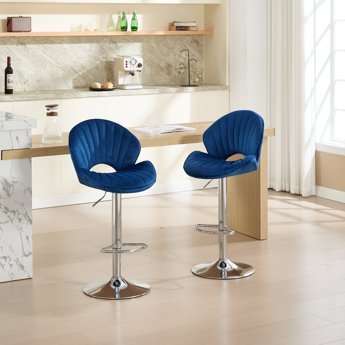 Adjustable Bar Stools Set of 2 with Back and Footrest - Navy