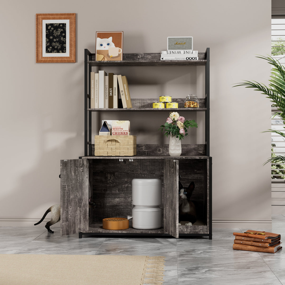 Large Cat Litter Box Enclosure with Shelf Storage - Grey