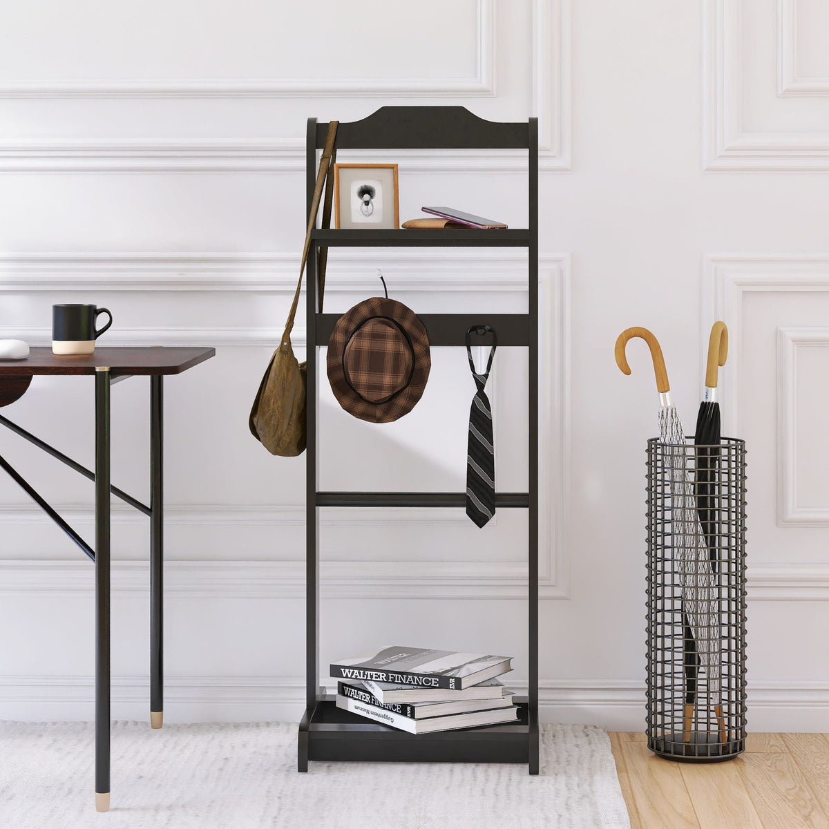 Black Garment Valet Stand with Storage Organizer - Portable Clothes Rack