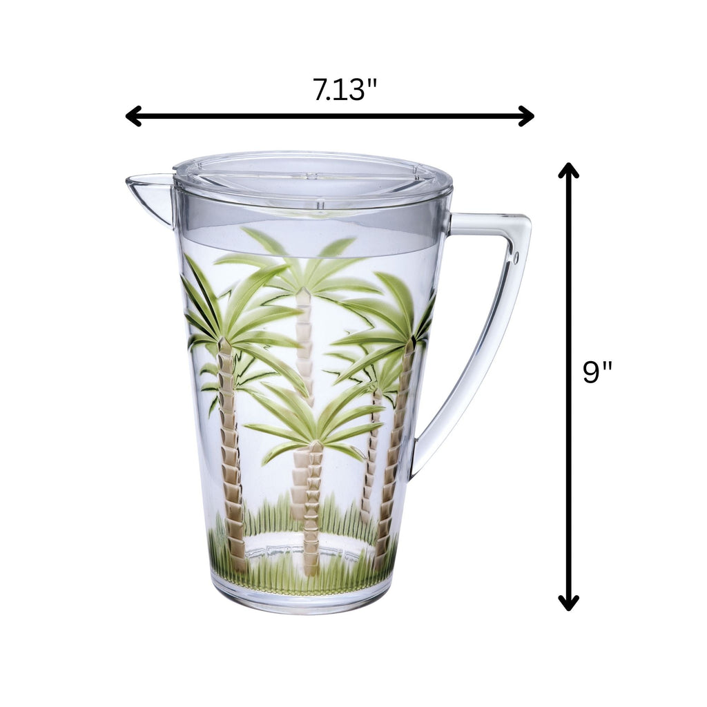 Unbreakable Plastic Water Pitcher with Lid and Palm Tree Design - Clear