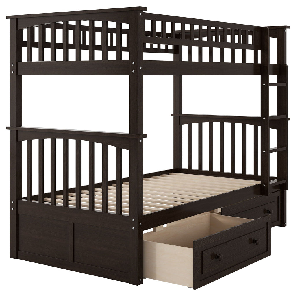 Convertible Bunk Bed With Drawers - Solid Wood with Storage - White, Dark Brown or Dark Gray