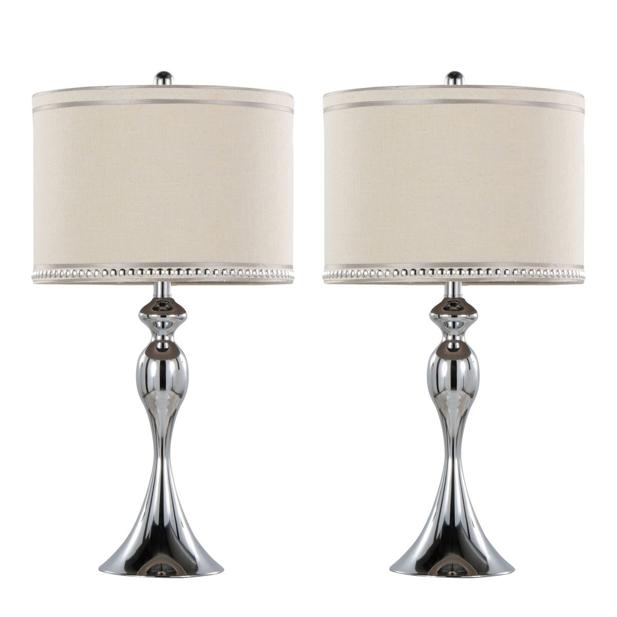 Contemporary Table Lamp Set with Chrome Finish and Cream Shades
