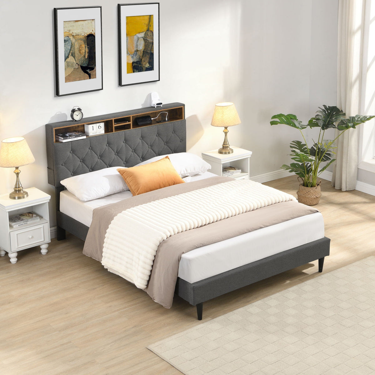 Modern Upholstered Platform Bed Frame With Button Tufted Headboard And USB Ports