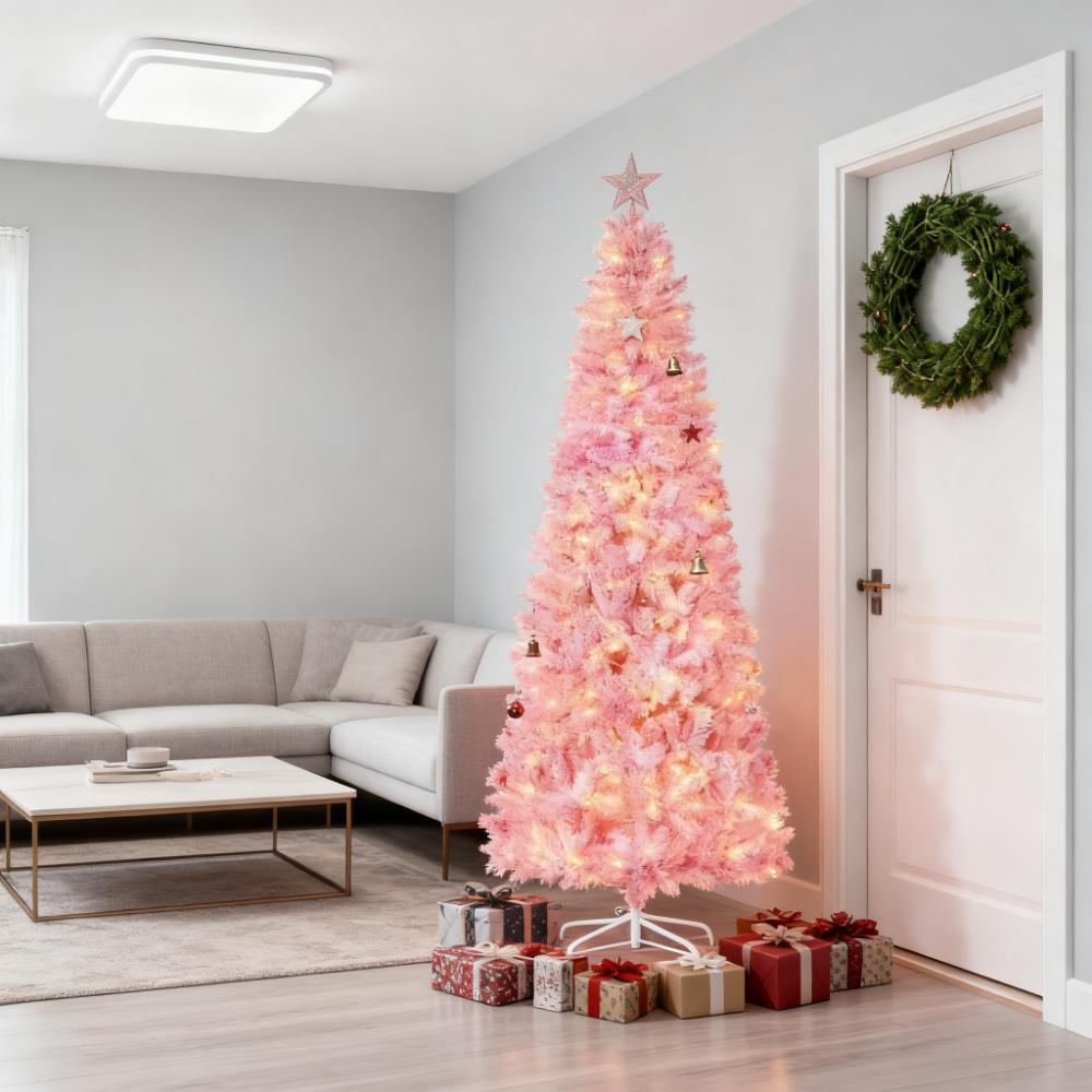 Snow Flocked Pencil Shape Artificial Christmas Tree with Warm LED Lights - White