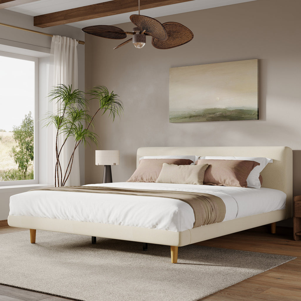 Beige Chunky Headboard Bed Frame with Solid Rubberwood Legs - Cal-King