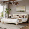 Beige Chunky Headboard Bed Frame with Solid Rubberwood Legs - Cal-King