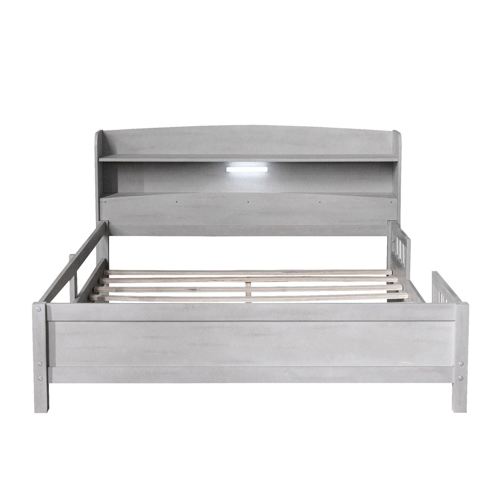 Wood Platform Storage Bed with LED Light & Storage Headboard - White or Dark Gray
