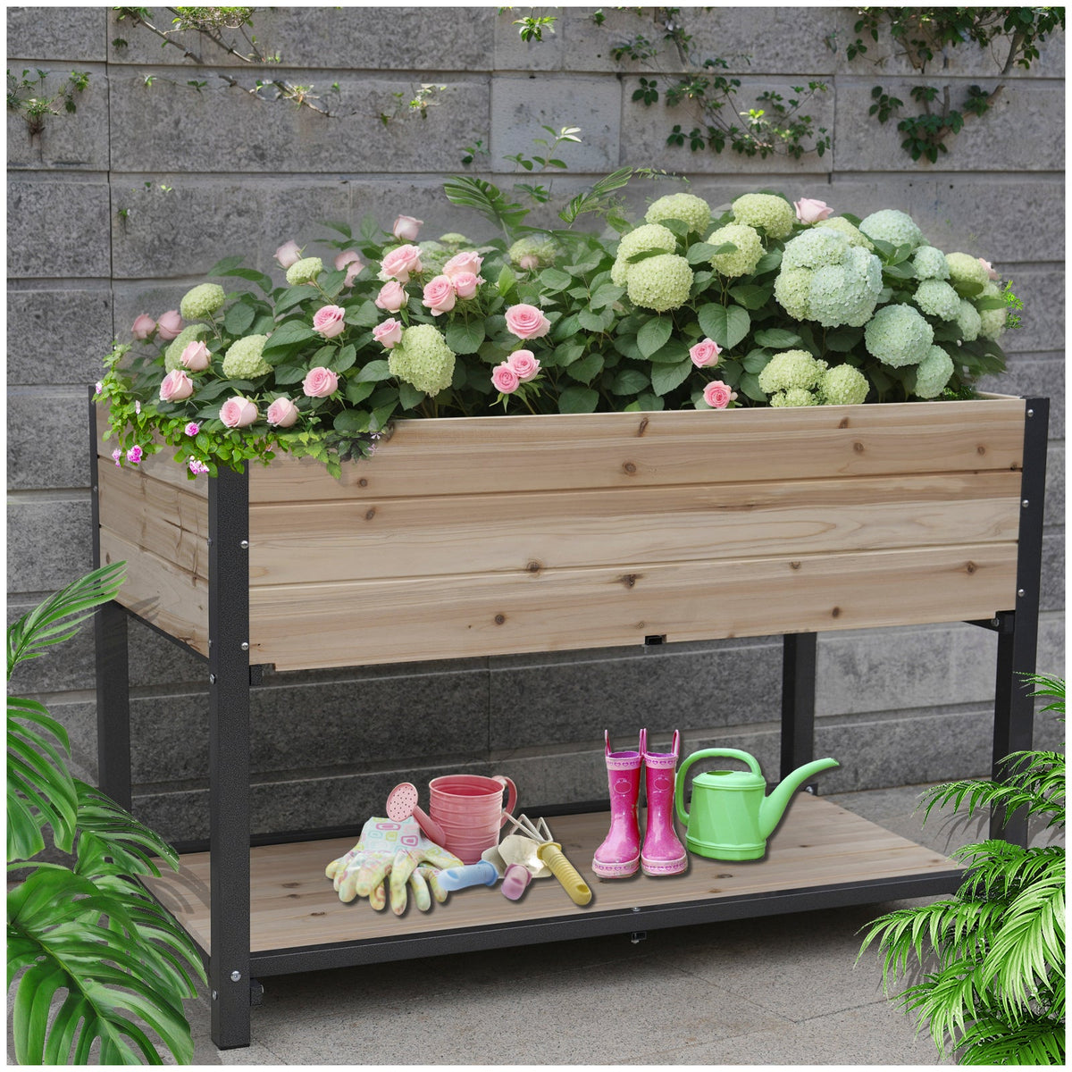 45" Iron-Wood Garden Bed with Storage Racks - Wood Finish