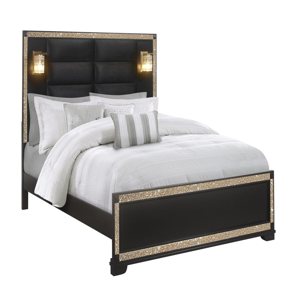 Black 5 Piece Bedroom Set with Glitter Detail and Padded Headboard