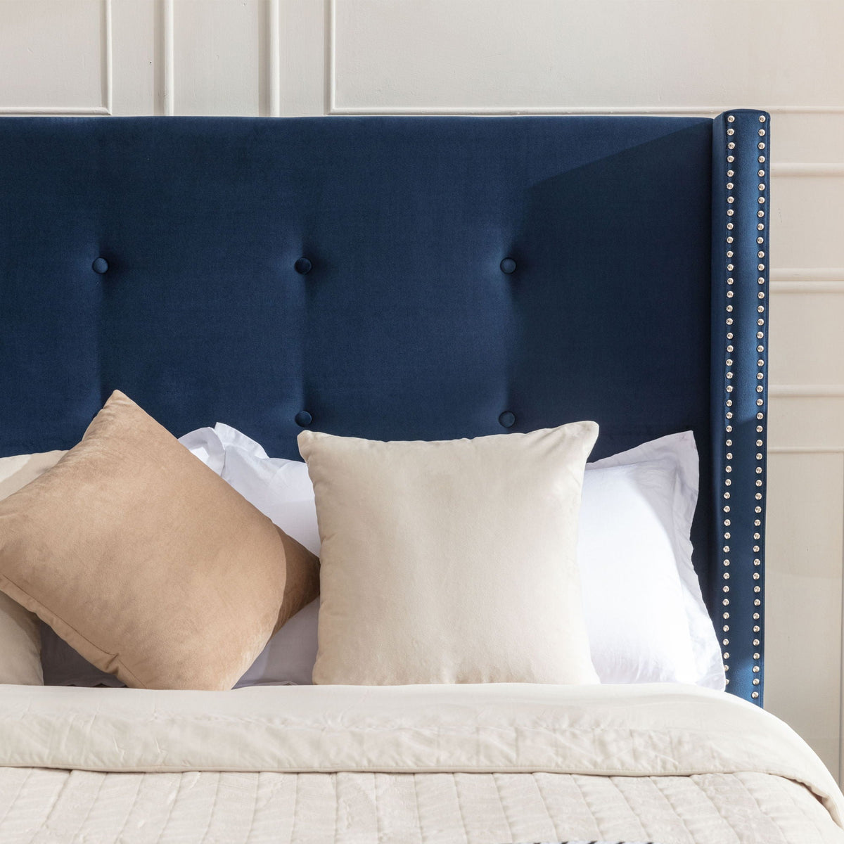 Upholstered Bed with 54" High Headboard and Hand Buttoned Tufting - White or Blue