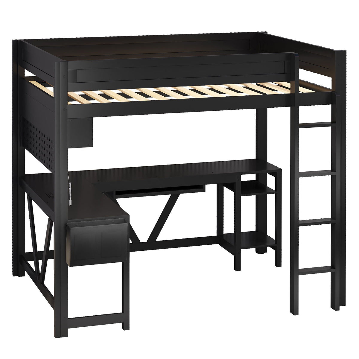 Gaming Loft Bed With Desk, Storage Shelves, LED and Charging Station - Full
