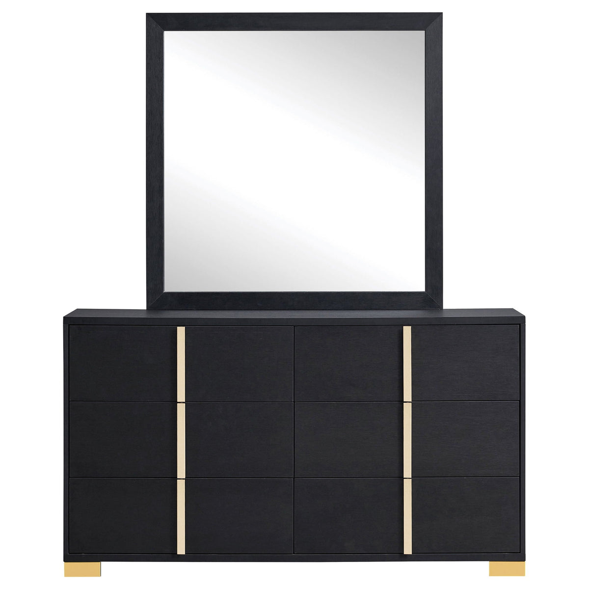 Black 6 Drawer Dresser & Mirror with Gold Accents