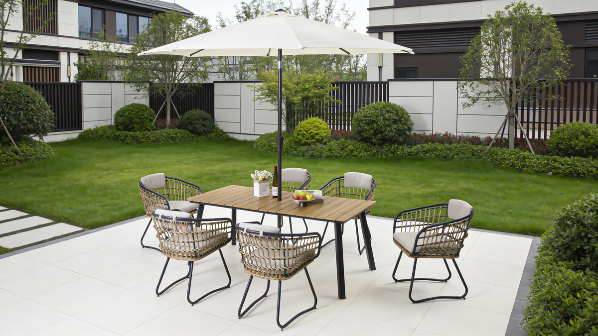 7-Piece Outdoor Wicker Dining Set with Wood-Plastic Composite Table - Yellow