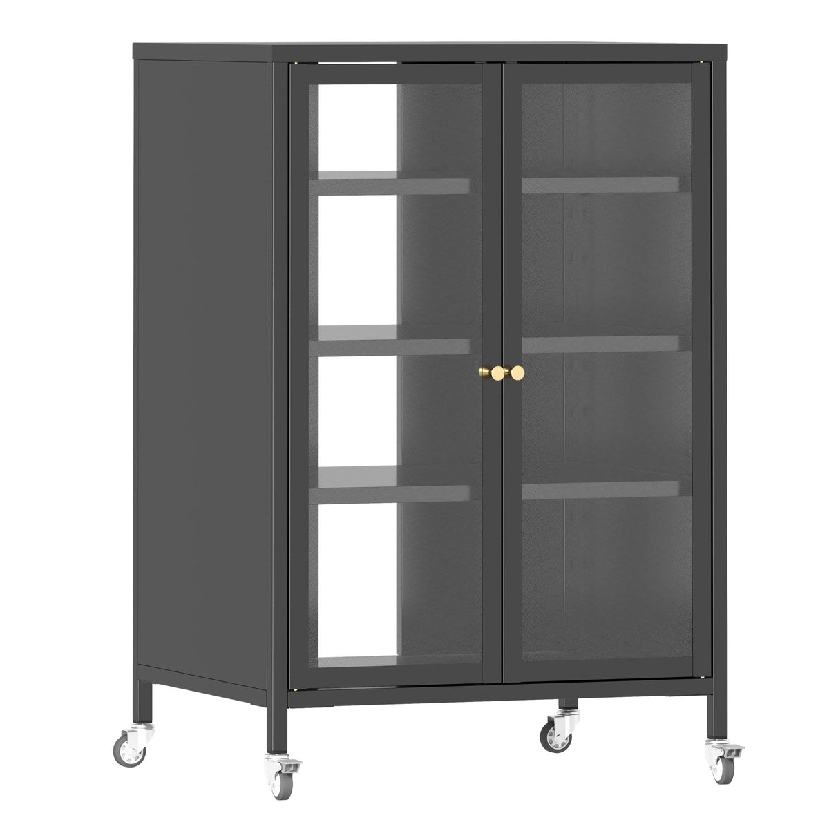Media Storage Cabinet with Wheels and Adjustable Glass Shelves - Black