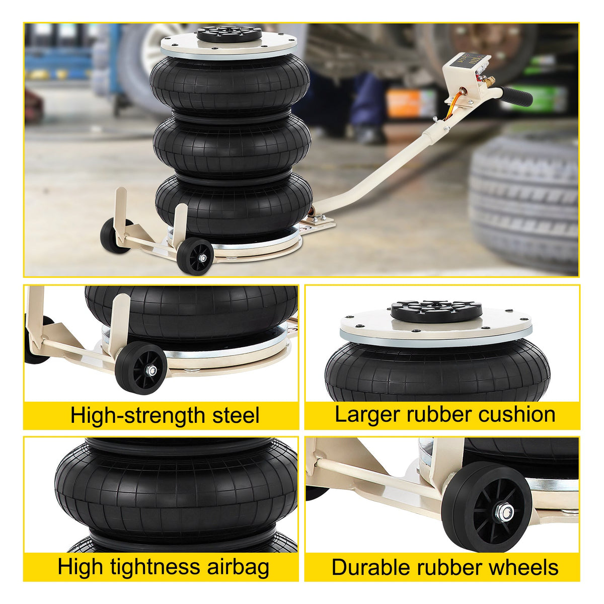 Pneumatic Jack 5 Ton Triple Bag Air Jack with Steel Construction - Black
