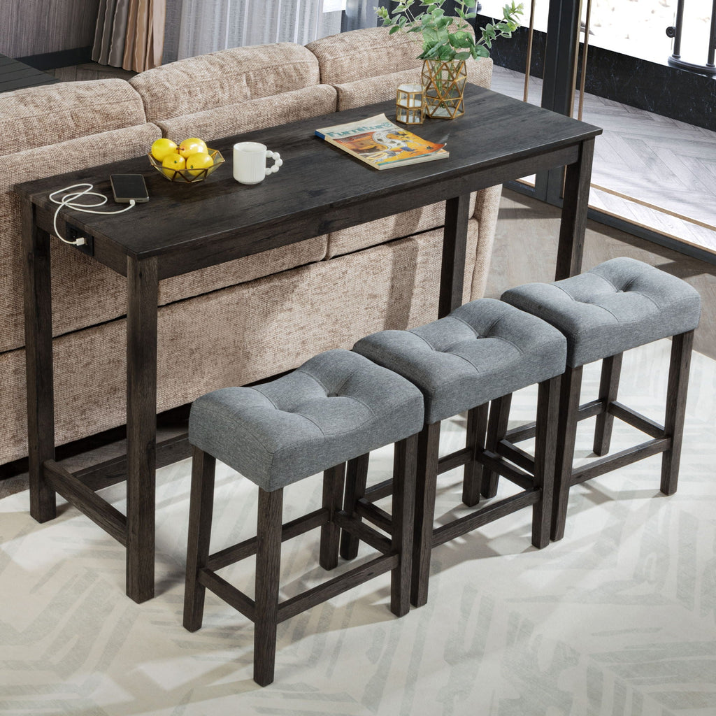 4 Piece Bar Table Set with Power Outlet and 3 Padded Stools - Light Brown or Dark Gray