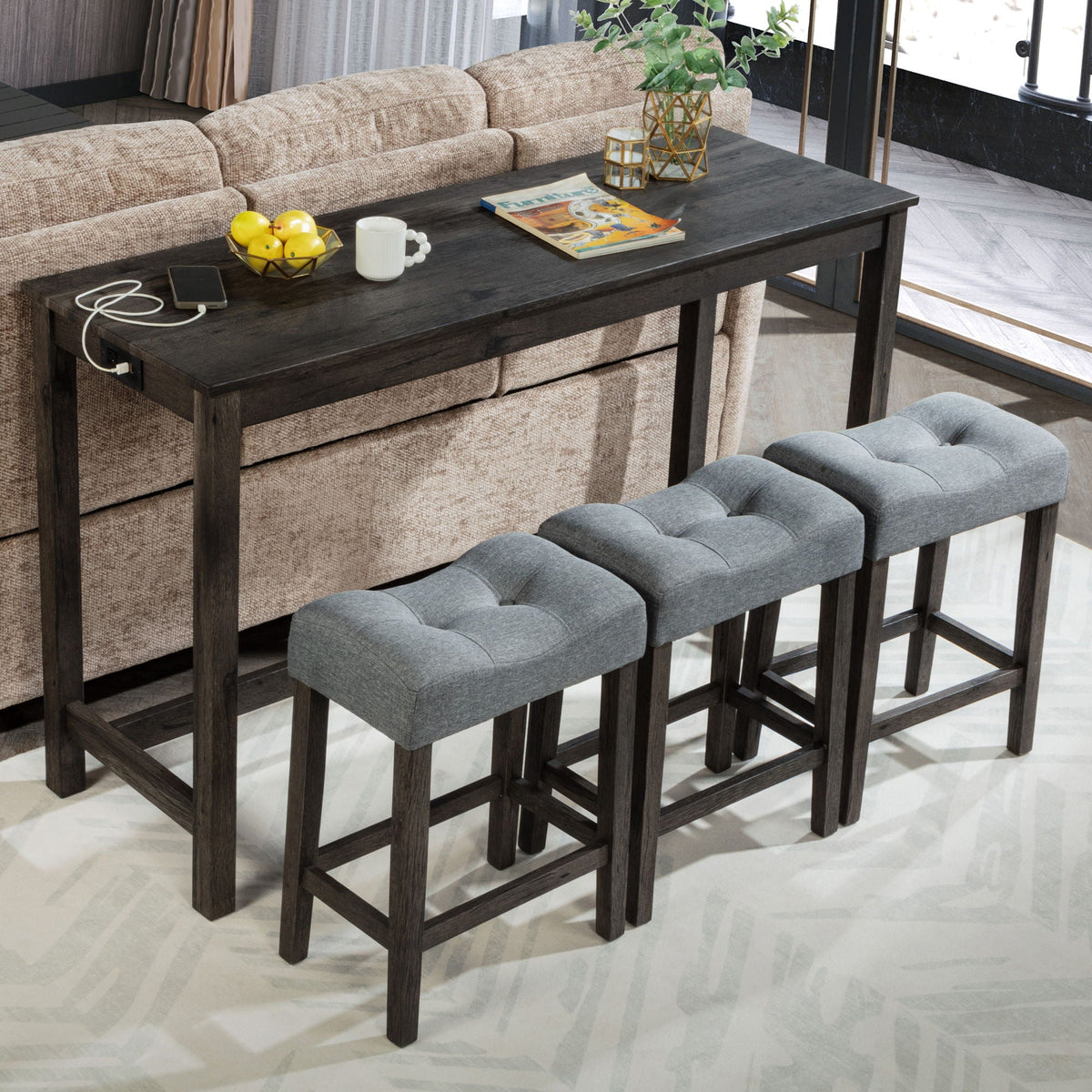 4 Piece Bar Table Set with Power Outlet and 3 Padded Stools - Light Brown or Dark Gray