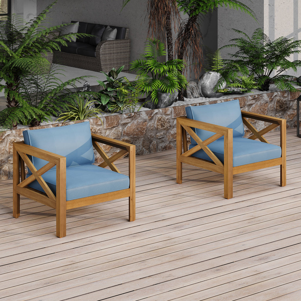 Patio Conversation Set with Cushions and Foldable Side Table - Blue/Teak