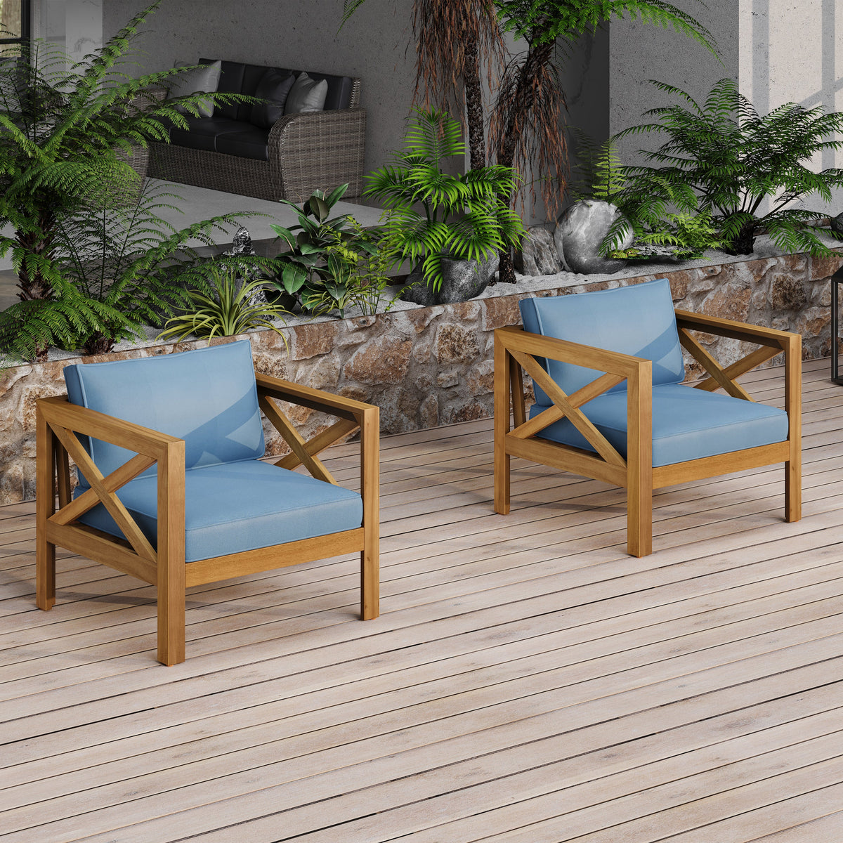 Patio Conversation Set with Cushions and Foldable Side Table - Blue/Teak