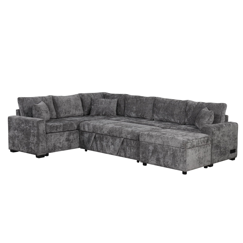 Sleeper Sectional Sofa with Storage Ottoman and USB Charging - White or Dark Gray