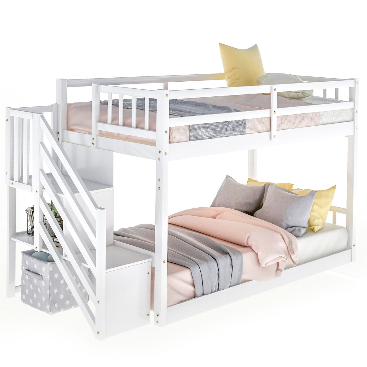 Twin Over Twin Floor Bunk Bed with Ladder Storage - White or Dark Gray