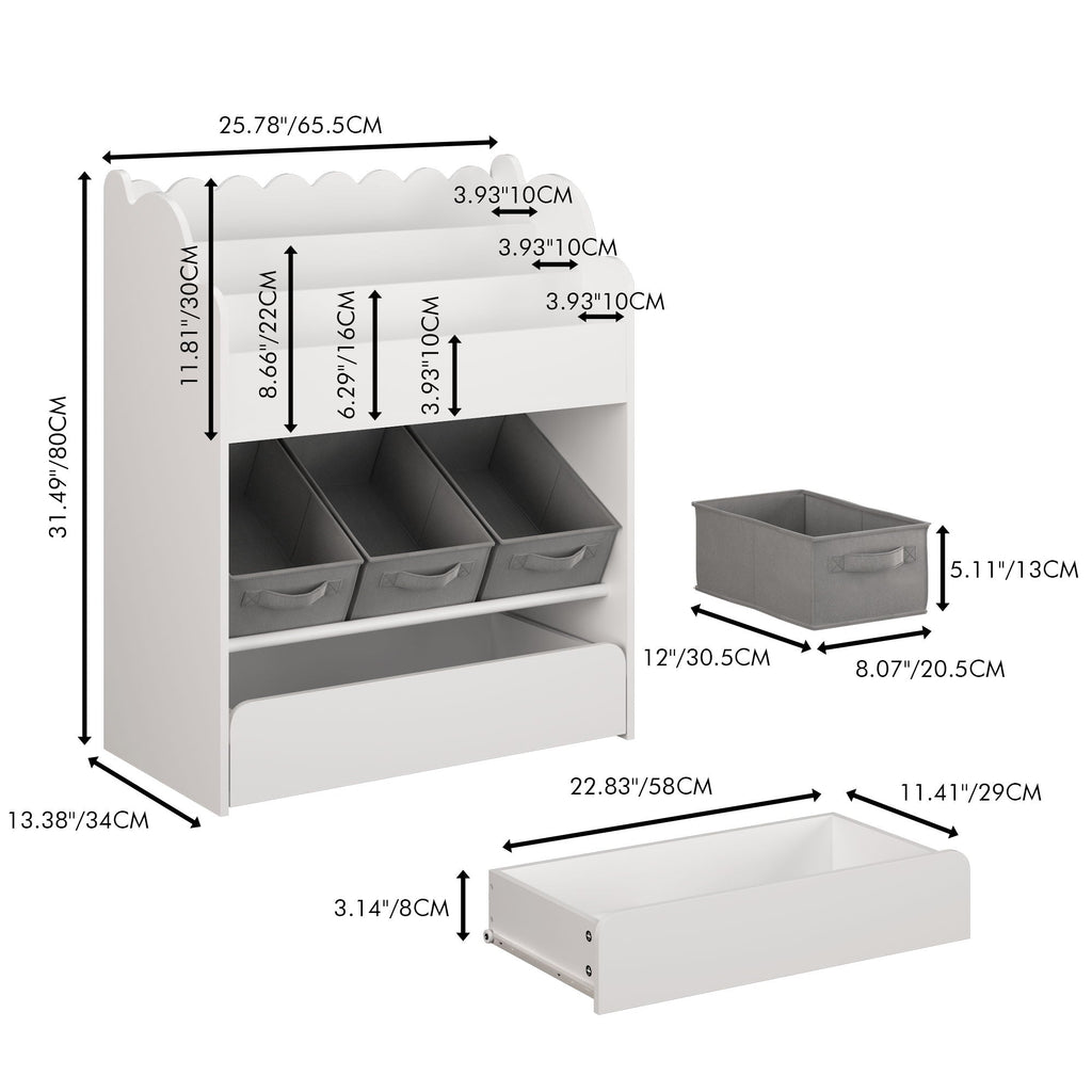 Bookshelf With Storage Bins and Drawer – Multi Functional Book Organizer for Toddlers - White