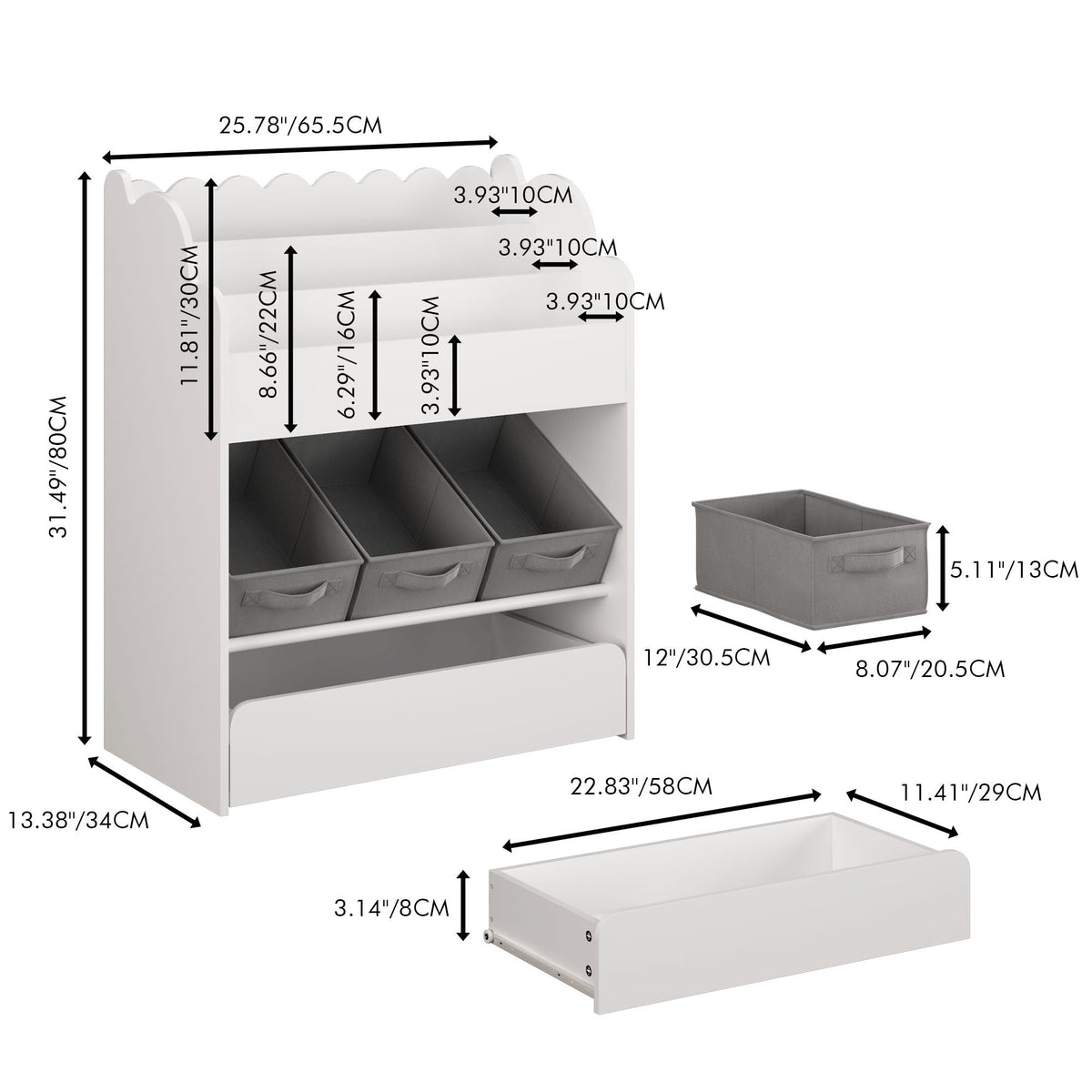 Bookshelf With Storage Bins and Drawer – Multi Functional Book Organizer for Toddlers - White