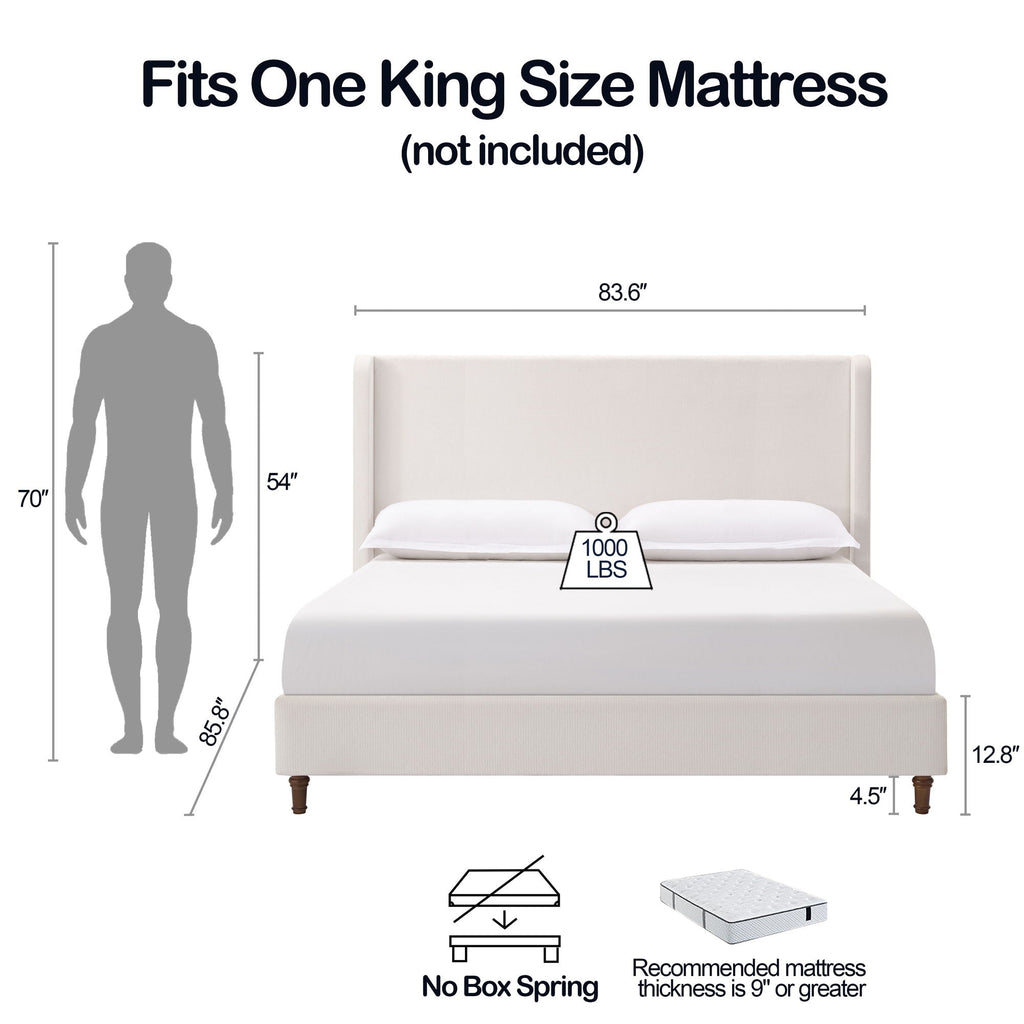 Tall Headboard Upholstered Bed with No Box Spring Needed - Cream