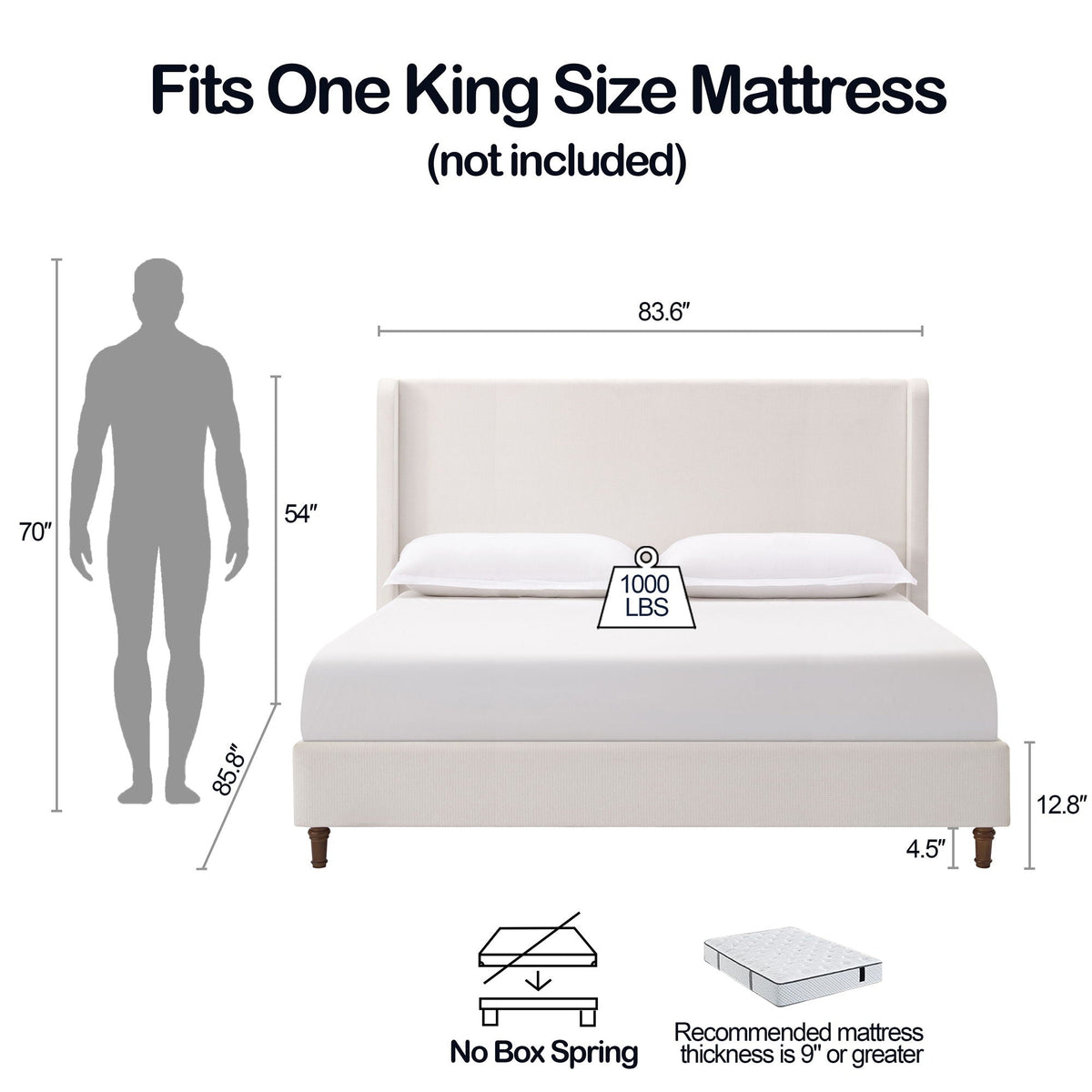 Tall Headboard Upholstered Bed with No Box Spring Needed - Cream
