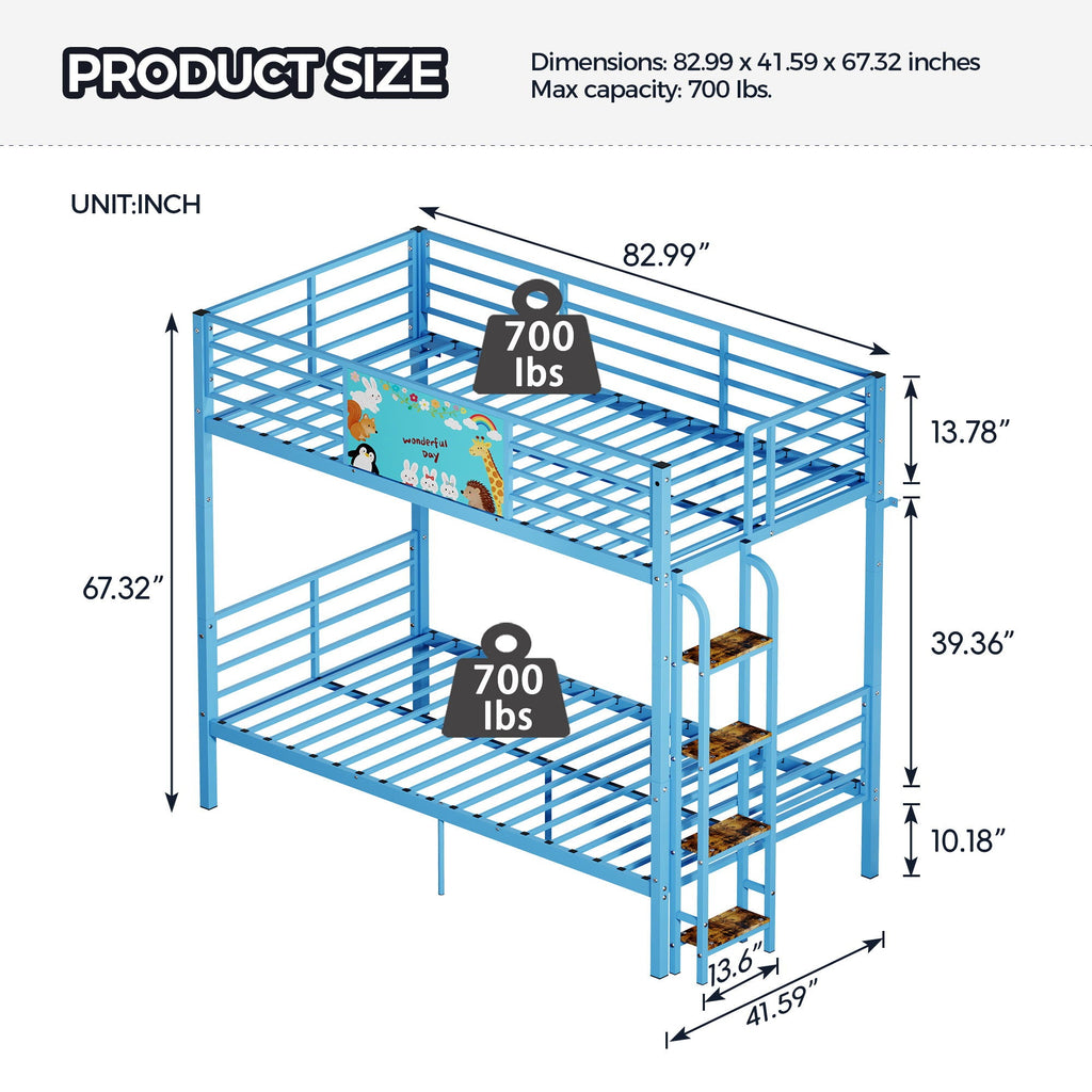 Blue Convertible Twin Bunk Bed with Full Length Guardrail & Ladder