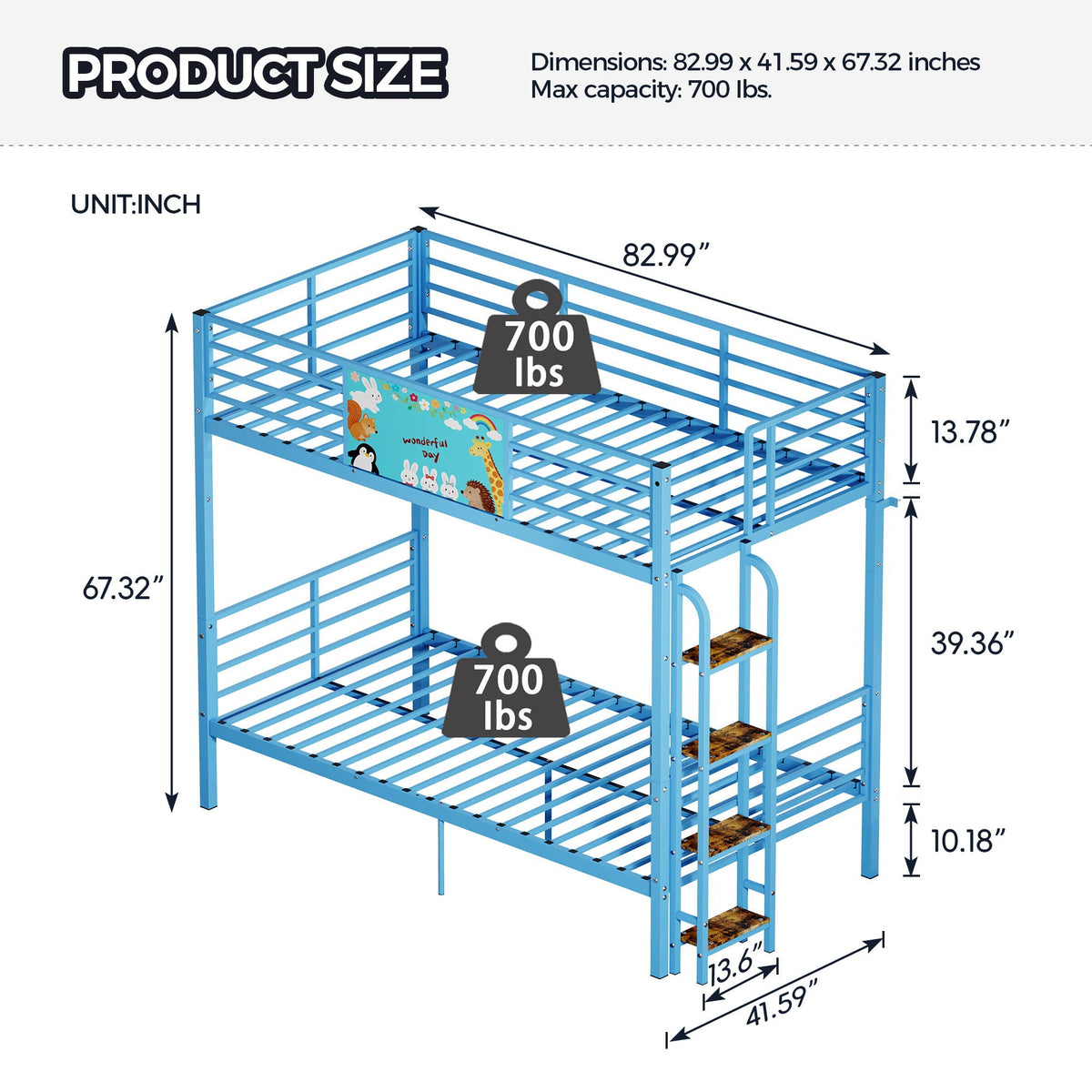 Blue Convertible Twin Bunk Bed with Full Length Guardrail & Ladder