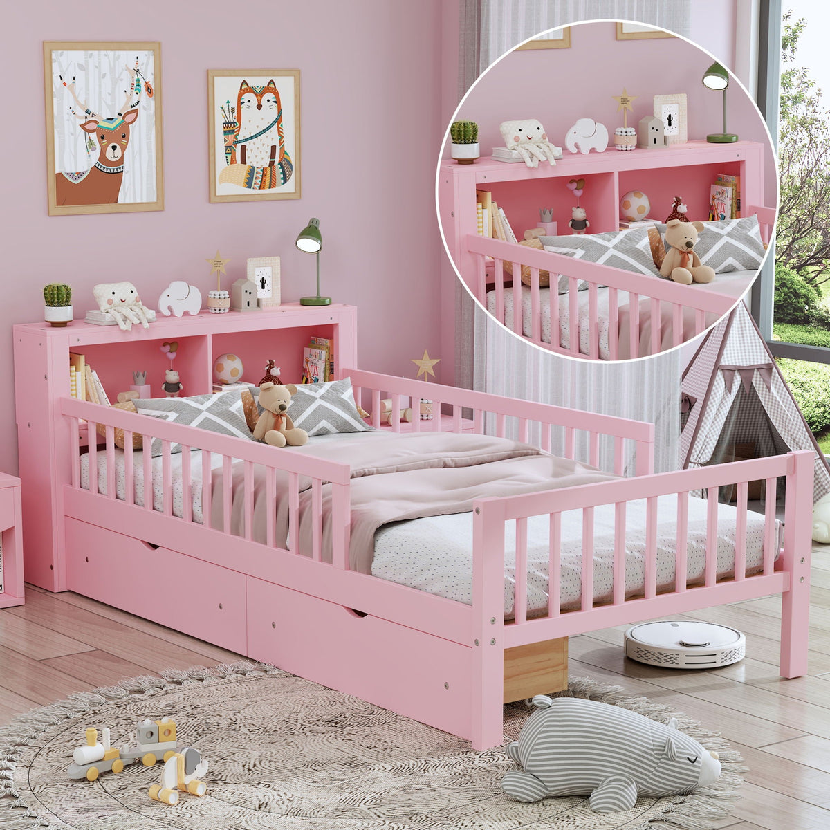 Twin Storage Bed with Headboard Rack & Under-Bed Drawers - Multiple Colors