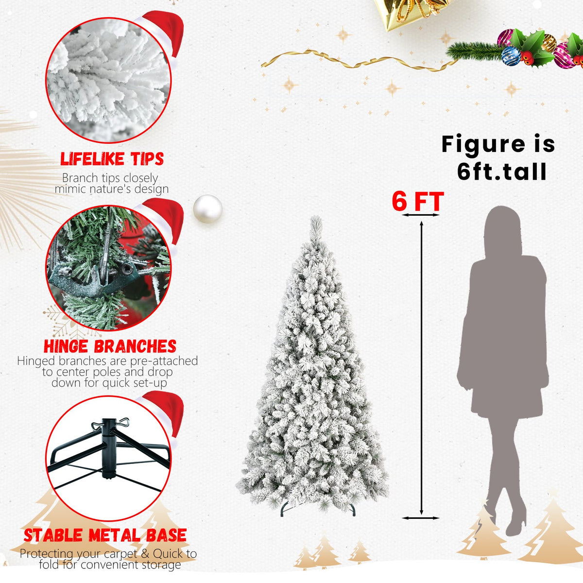7FT Flocked Christmas Tree with Hinged Design - Snowy White