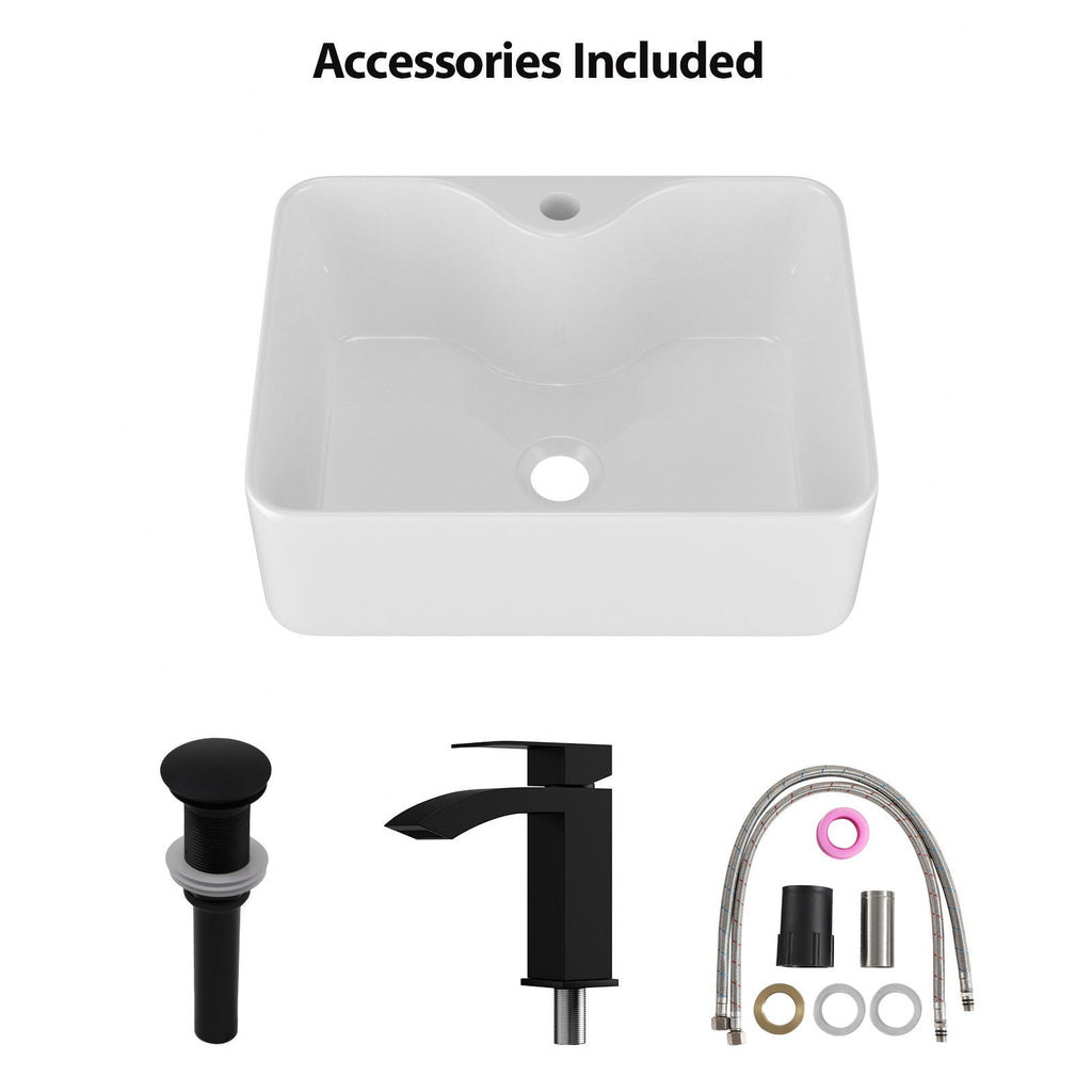 Rectangular Vessel Sink with Faucet & Drain - White/Black